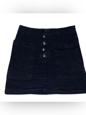 ALYA A-Line Denim Front Button Mini Skirt Faded Distressed Black Size Small